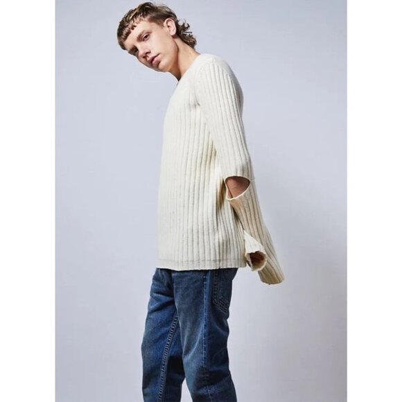 HELMUT LANG Re-Edition Ivory 100% Wool Ribbed Knit Cut-Out Elbow Sweater, Size M - Picture 1 of 15